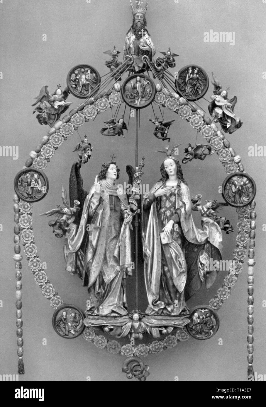 La religione, il cristianesimo, Madonna / Maria con Bambino, "l'annunciazione dell'arcangelo Gabriele', scultura, da Veit Stoss (circa 1447 - 1533), 1517 / 1518, legno, dipinta di San Lorenzo, chiesa di Norimberga, Additional-Rights-Clearance-Info-Not-Available Foto Stock