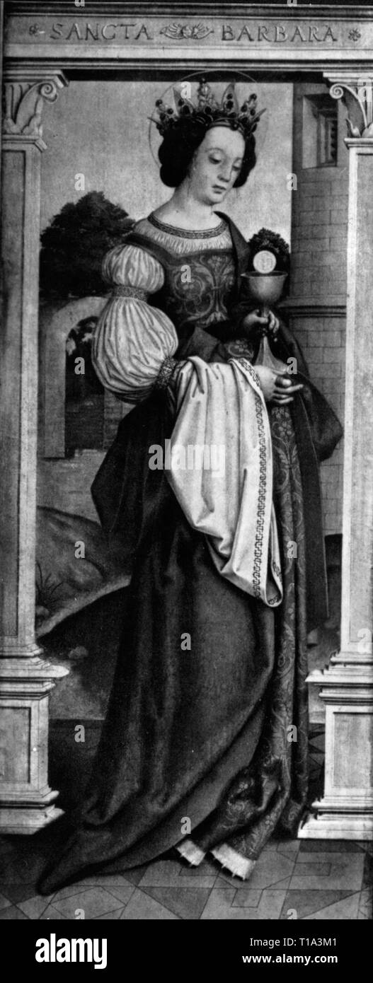 La religione, il cristianesimo, saint, Santa Barbara, pittura, da Hans Holbein il Vecchio (circa 1465 - circa 1524), 1516, l'ala sinistra dell'altare Sebastian, olio su legno di tiglio, 150 x 47 cm, old pinacotheca, Monaco di Baviera, artista del diritto d'autore non deve essere cancellata Foto Stock