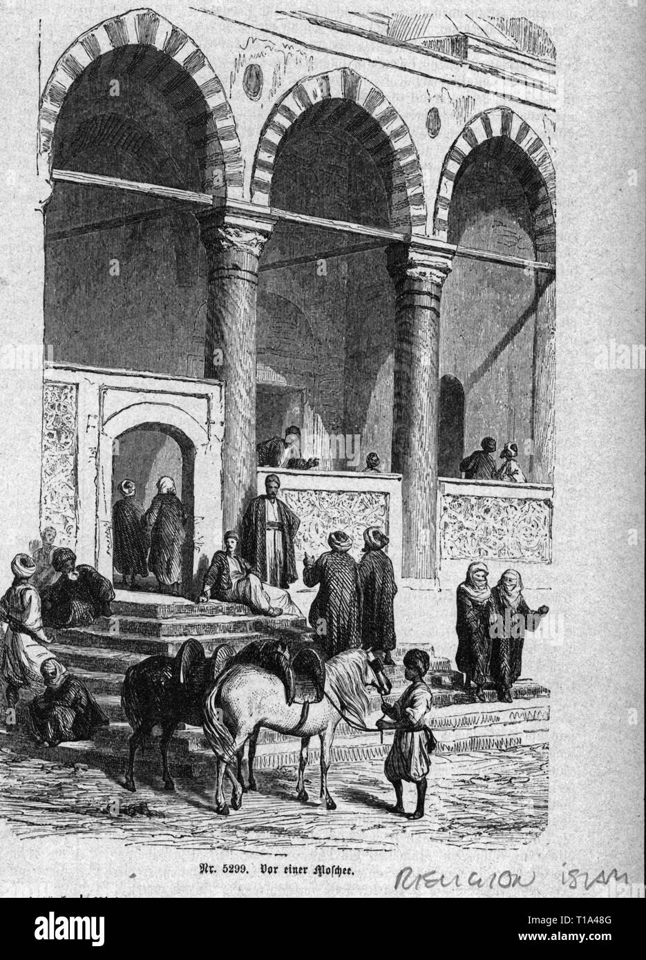 La religione islam, davanti ad una moschea, incisione su legno, seconda metà del XIX secolo, Additional-Rights-Clearance-Info-Not-Available Foto Stock
