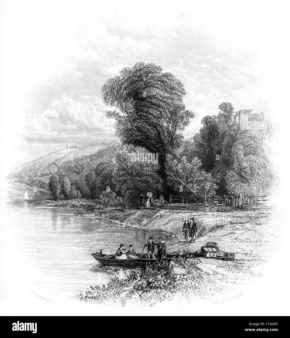 Una incisione di Goodrich Castle e traghetto sulle rive del fiume Wye, Herefordshire UK scansionati ad alta risoluzione da un libro pubblicato nel 1841. Foto Stock