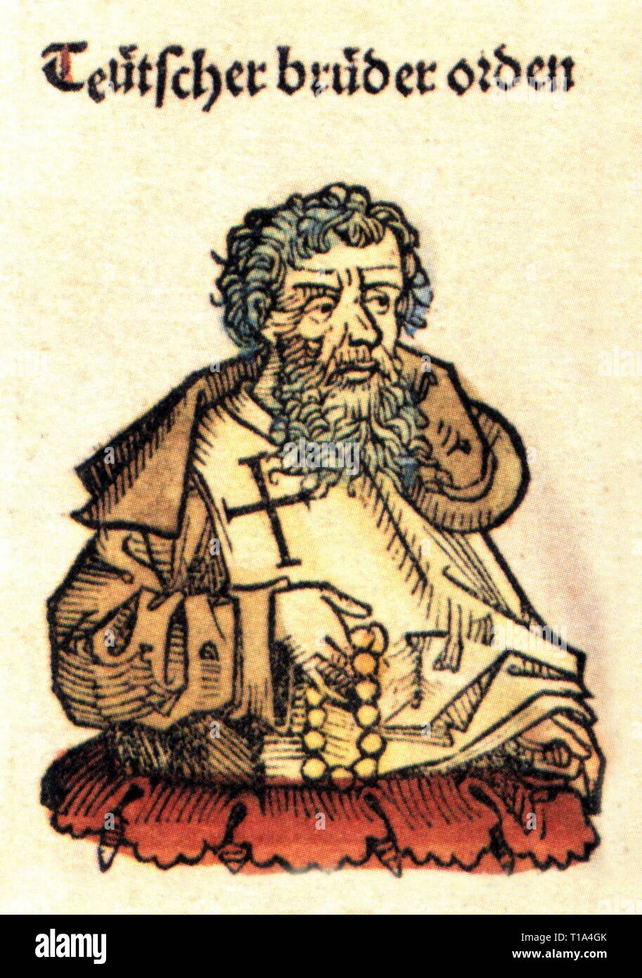 Medioevo, cavalieri, cavaliere del ordine, l'Ordine Teutonico, cavaliere in abitudine, xilografia di Michael Wolgemut o William Pleydenwurff alla cronaca di Hartmann Schedel, Norimberga, 1493, artista del diritto d'autore non deve essere cancellata Foto Stock