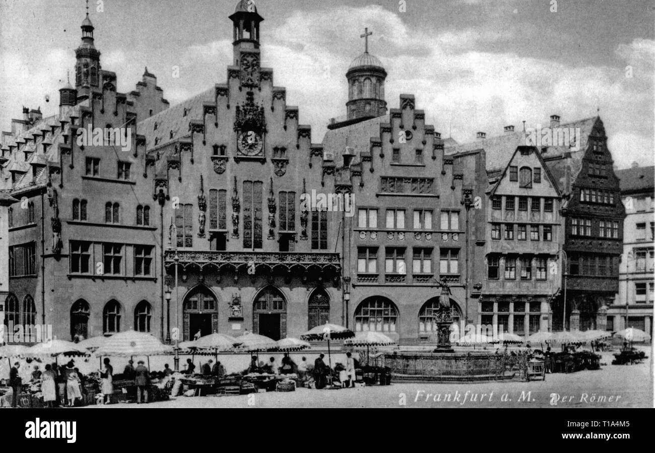 Geografia / viaggi storico, Germania, città e comunità, di Francoforte sul Meno, Roemerberg (Monte Romano), casa zum Goldenen Schwan, casa zum Roemer, municipio casa Frauenstein, Salzhaus, vista esterna, cartolina, eseguire 1932, Additional-Rights-Clearance-Info-Not-Available Foto Stock