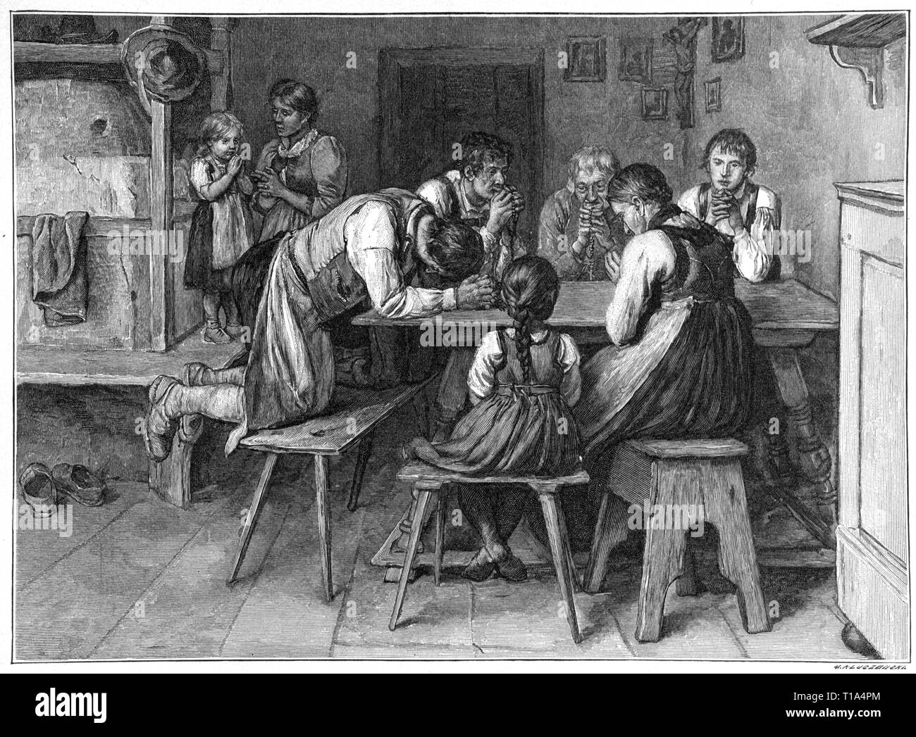 La religione, il cristianesimo, la preghiera, la famiglia a pregare il rosario, incisione su legno, secolo XIX, artista del diritto d'autore non deve essere cancellata Foto Stock