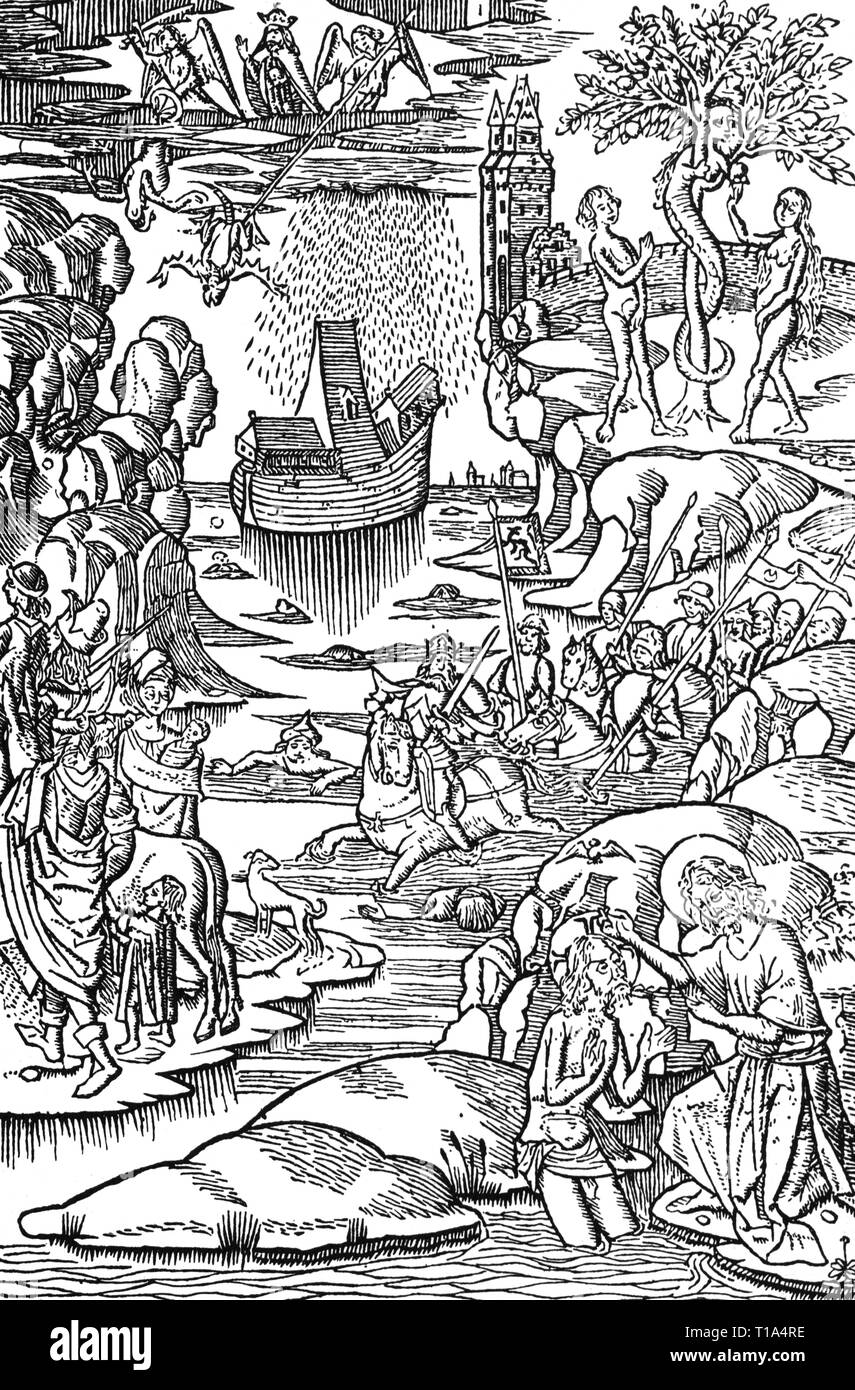 La religione, scena biblica, la storia della redenzione, xilografia, da: 'Der Sonderentroest', stampare: Jacob Bellaert, Haarlem, 1484, artista del diritto d'autore non deve essere cancellata Foto Stock