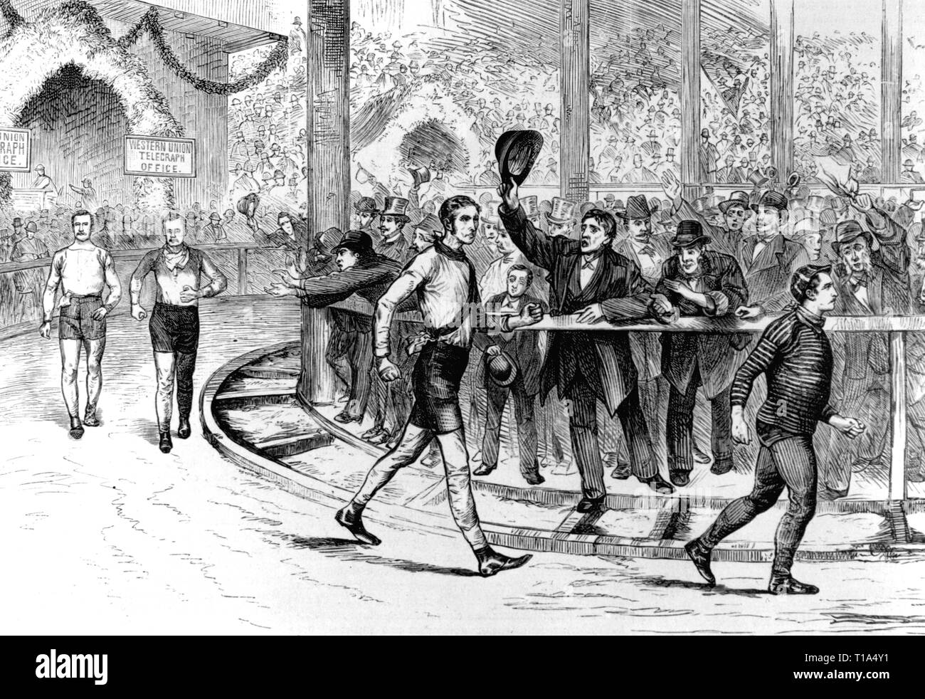 Sport ed atletica, gara a piedi, Charles Harriman al terzo nastro Astley concorrenza, Gilmore giardini della città di New York, marzo 1879, contemporanea incisione su legno, Harper's Weekly, 1879, artista del diritto d'autore non deve essere cancellata Foto Stock