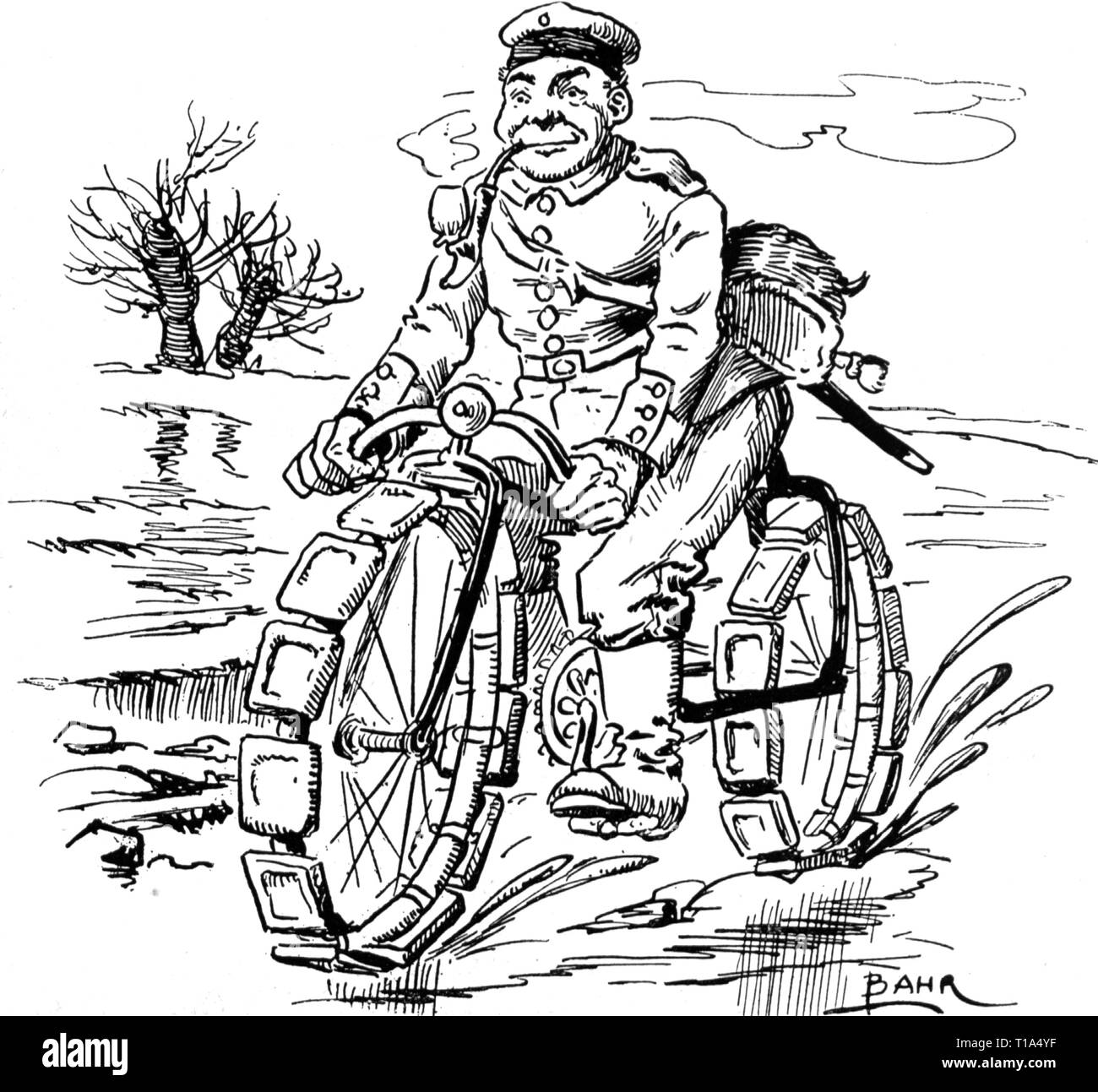 La Prima Guerra Mondiale / WWI, militare, soldati, dispatcher, caricatura, "dopo il famoso campioni: come il dispatch rider Strampfer sa per aiutare se stesso sulla bottomless strade di campagna di Polonia", disegno di Bahr, Lustige Blaetter, Berlino, 22.2.1915, Additional-Rights-Clearance-Info-Not-Available Foto Stock