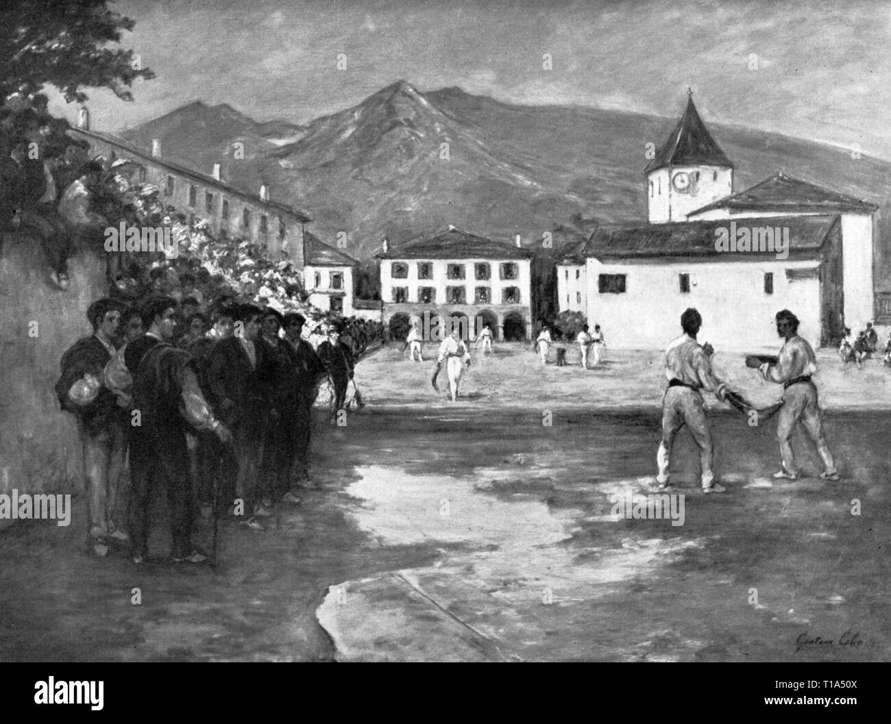 Sport, pelota, pelota match in Sare nella regione basca, pittura, da Gustave-Henri Colin (1828 - 1910), secolo XIX, artista del diritto d'autore non deve essere cancellata Foto Stock