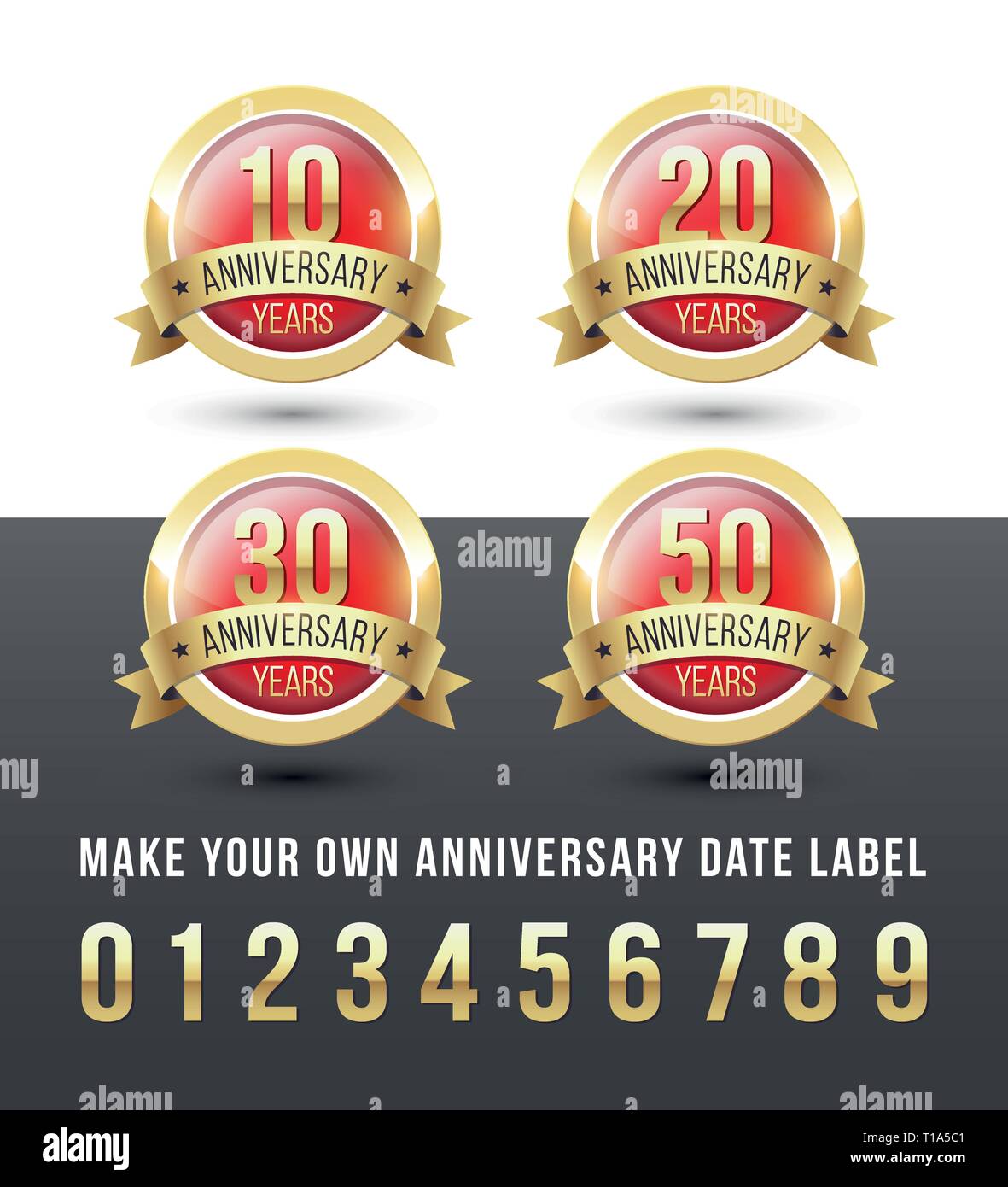 Oro e rosso data di anniversario di etichette con nastro banner. Round icone vettoriali set. Illustrazione Vettoriale