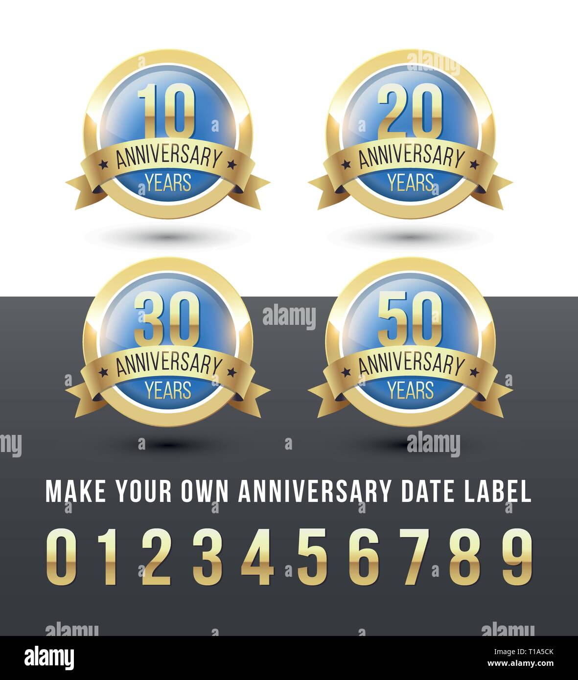 Oro e blu data anniversario etichette con nastro banner. Round icone vettoriali set. Illustrazione Vettoriale