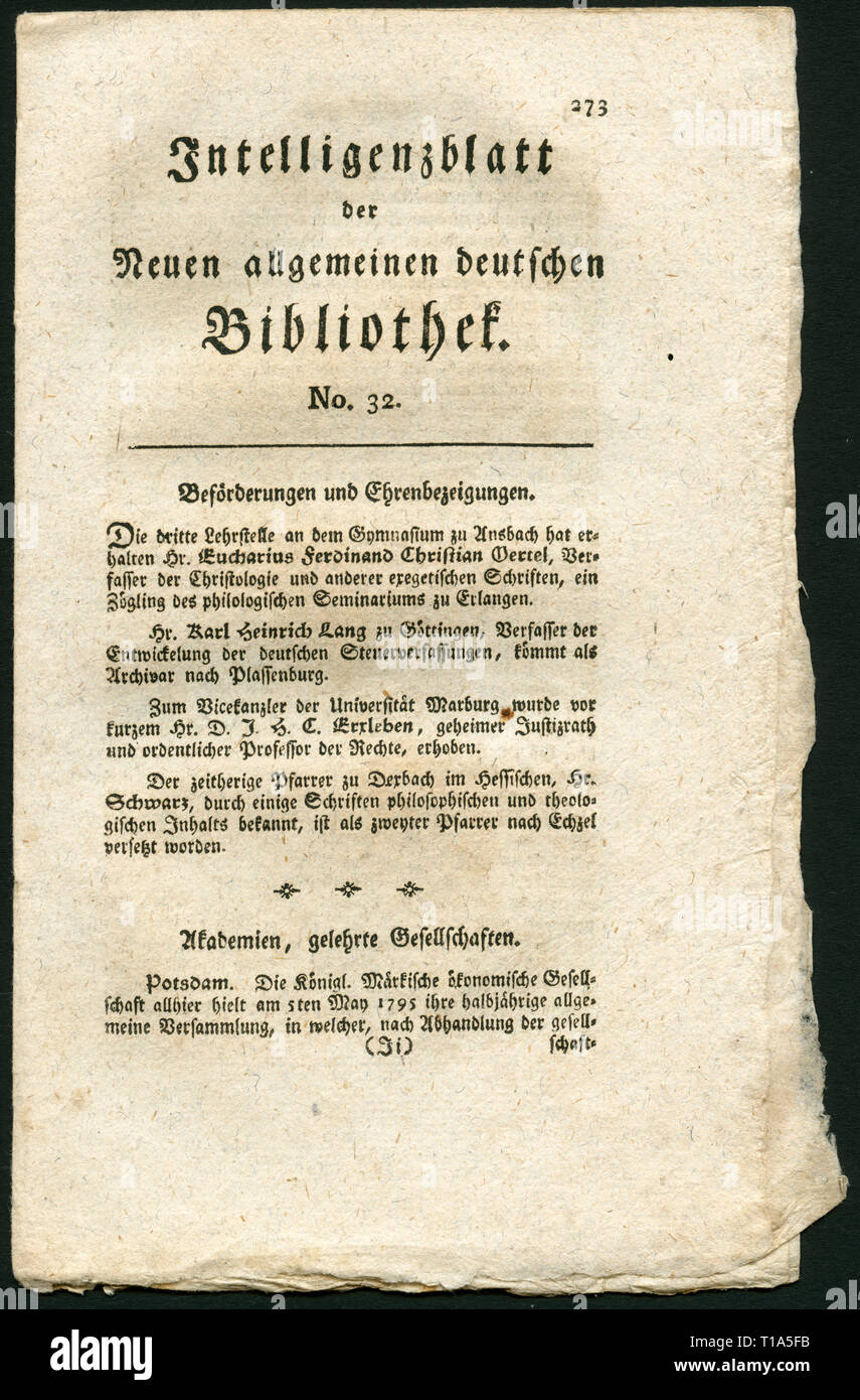 Germania, Kiel, storico giornale: "Intelligenzblatt der Neuen allgemeine deutschen Bibliothek', n. 32, probabilmente 1795, probabilmente pubblicato da Carl Ernst Bohn., Additional-Rights-Clearance-Info-Not-Available Foto Stock