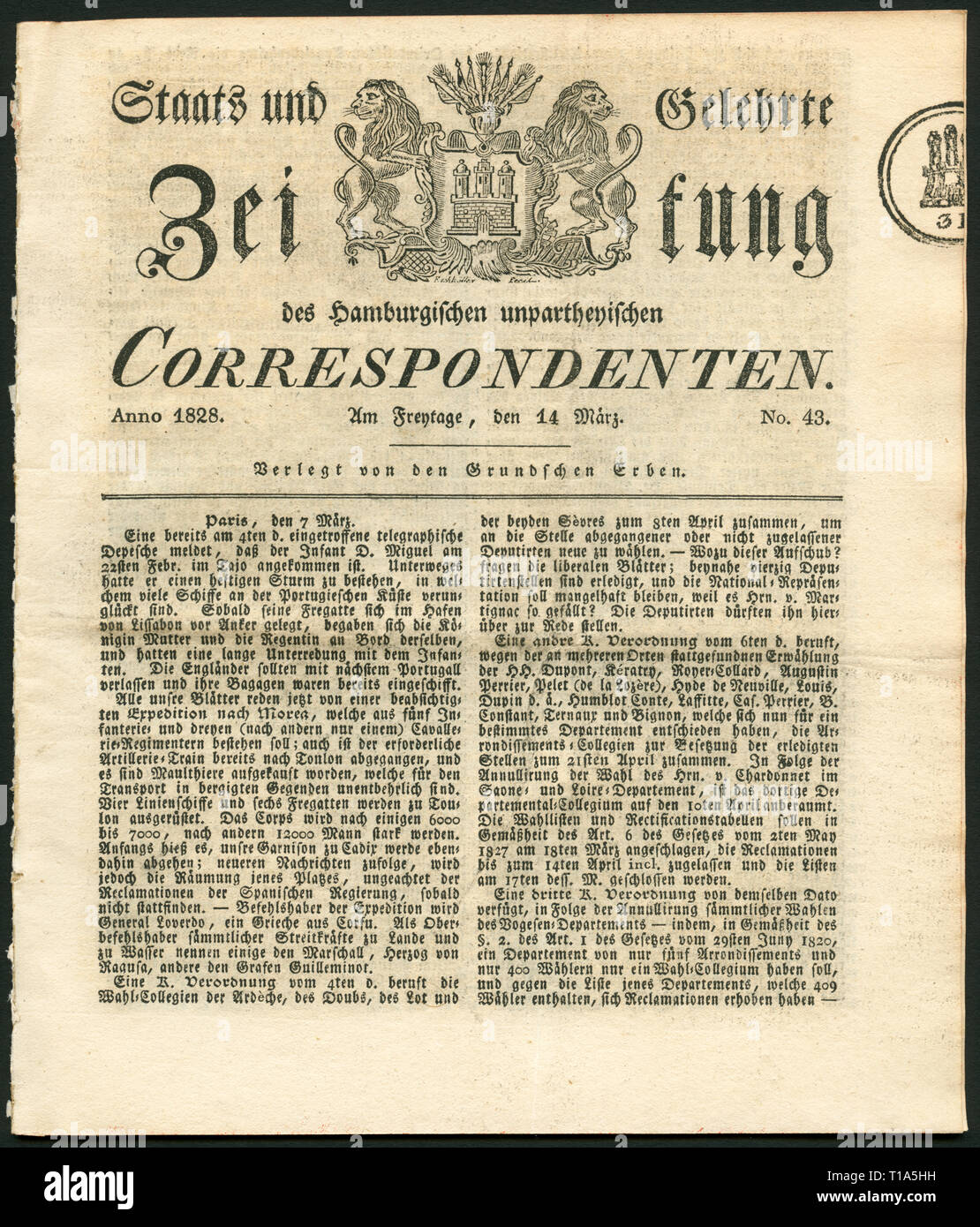 Germania, Amburgo, storico giornale chiamato: 'Staats und Gelehrte Zeitung des Hamburgischen Correspondenten unpartheyischen', n. 43, 14.3.1828, Additional-Rights-Clearance-Info-Not-Available Foto Stock