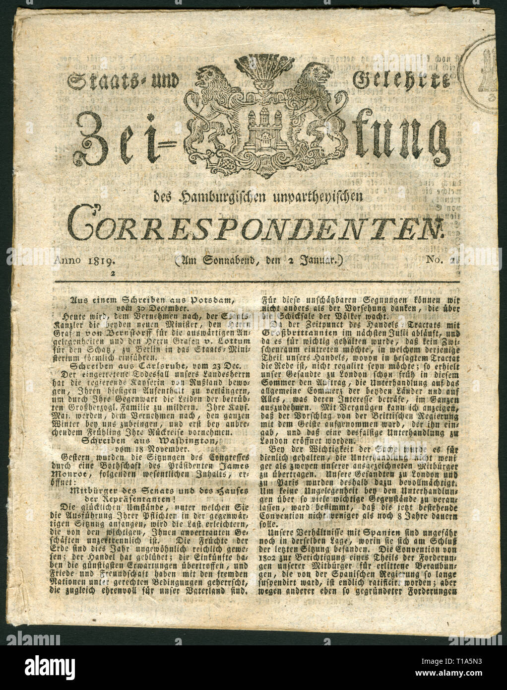 Germania, Amburgo, storico giornale chiamato: 'Staats-und Gelehrte Zeitung des Hamburgischen Correspondenten unpartheyischen', n. 2, 2.1.1819, Additional-Rights-Clearance-Info-Not-Available Foto Stock