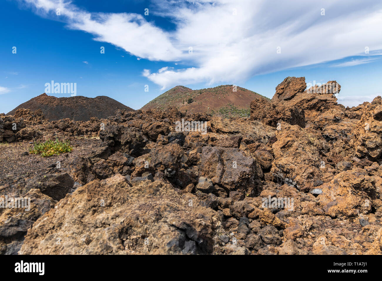 Guardando oltre il vecchio vulcani e flusso di lava solidificato nella Chinyero zona di Tenerife, Isole Canarie, Spagna Foto Stock