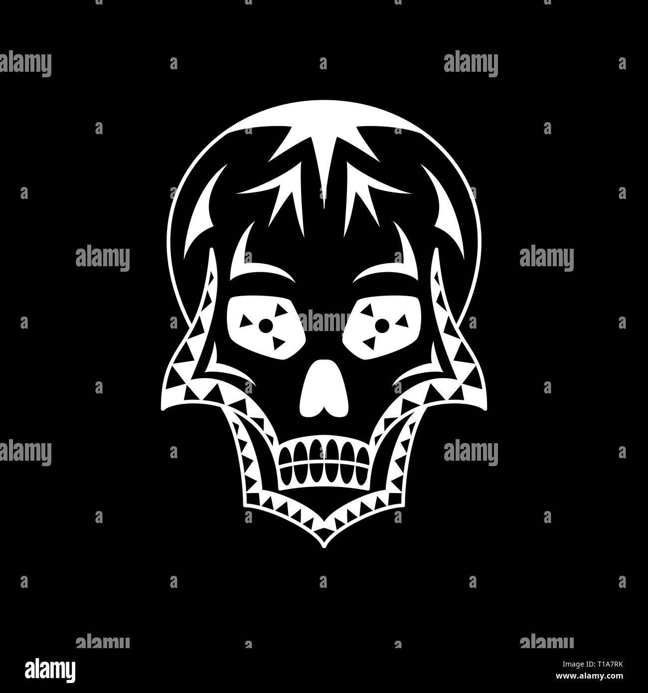 Vettore di zucchero bianco il cranio con decorazione geometrica in sfondo nero. Arte del tatuaggio Illustrazione Vettoriale