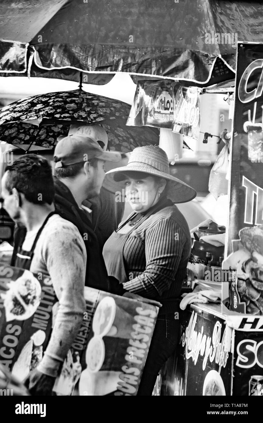 I produttori vendono i vari tipi di cibo, arte popolare e knock off presso il San Ysidro border crossing, attraversando negli Stati Uniti dal Messico. Foto Stock