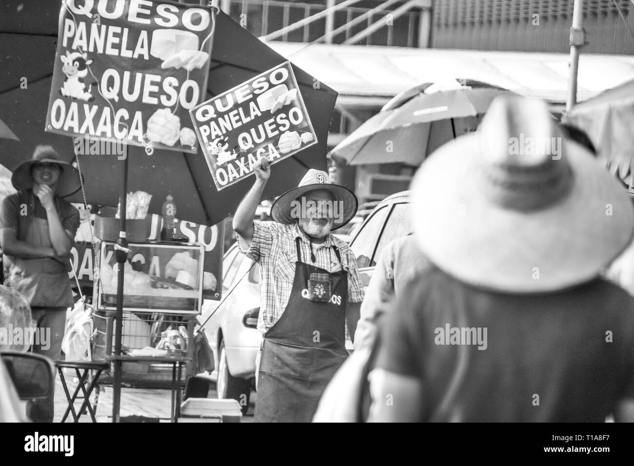 I produttori vendono i vari tipi di cibo, arte popolare e knock off presso il San Ysidro border crossing, attraversando negli Stati Uniti dal Messico. Foto Stock