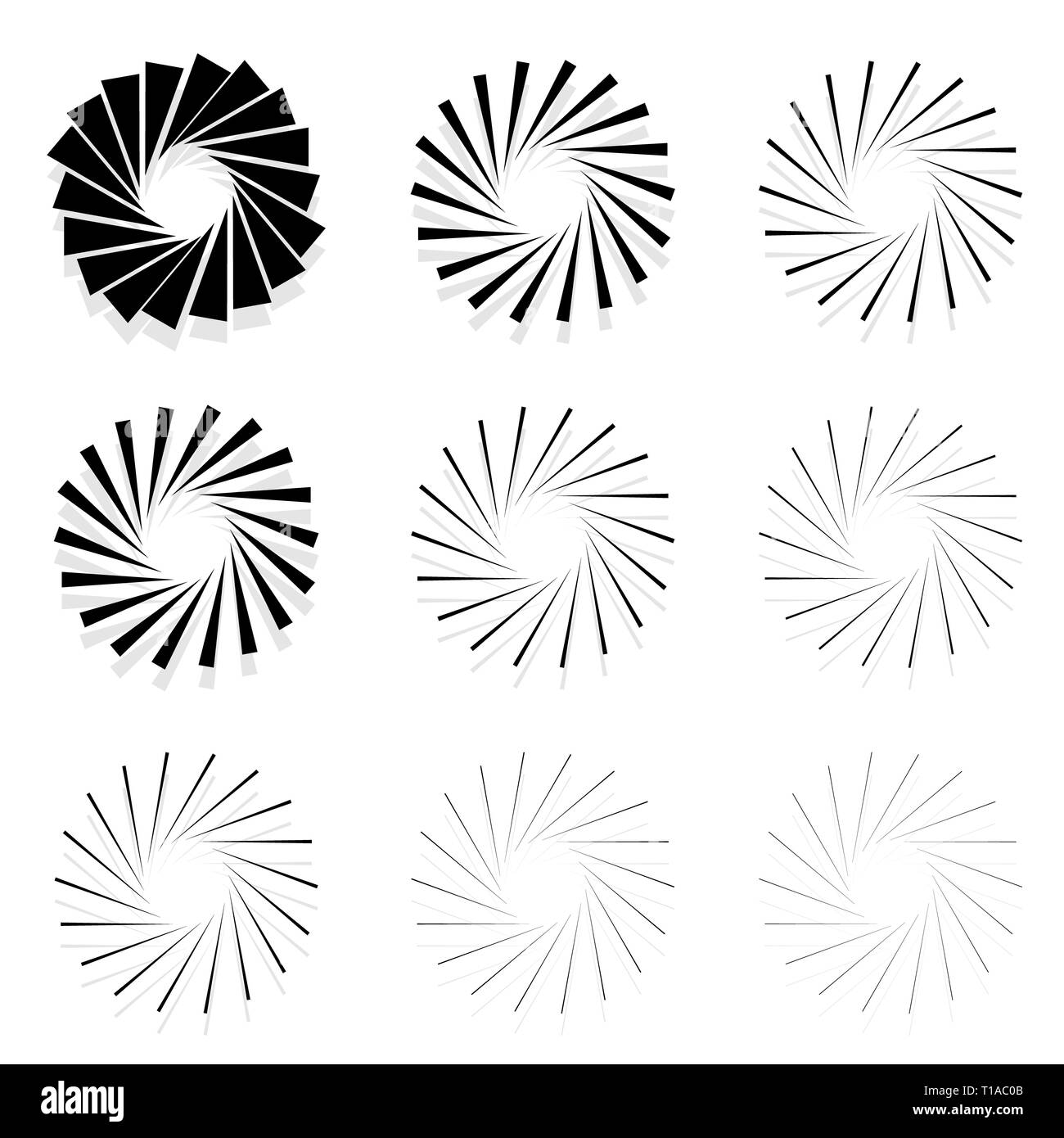 Abstract elementi radiali, linee radianti. Set di 9 versione con diverse larghezze. Sunburst, forme starburst. Foto Stock