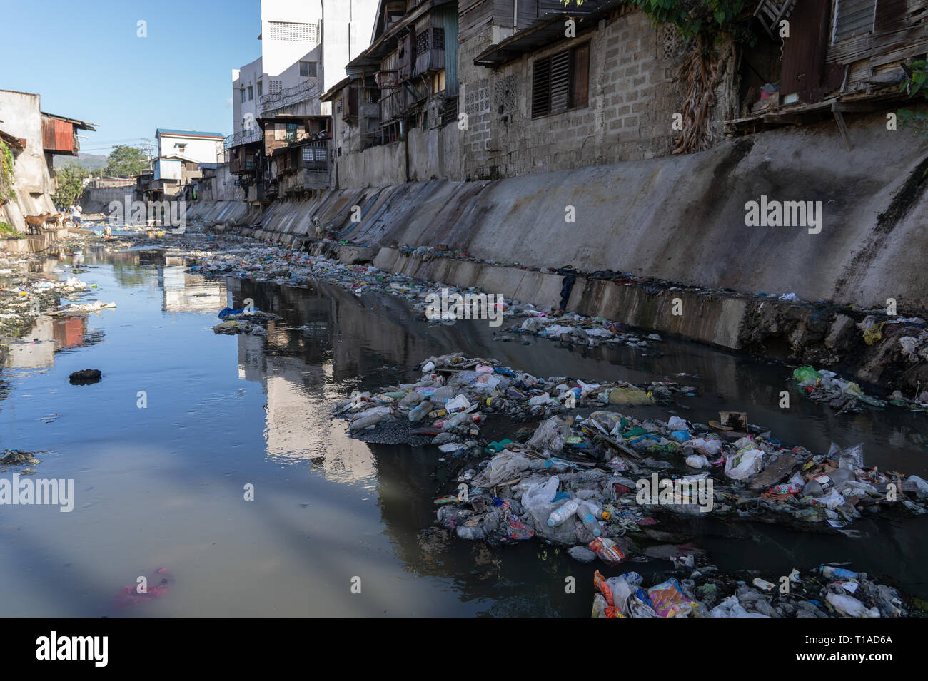 Una grande quantità di rifiuti all'interno di un fiume in Cebu City, Filippine.Una recente relazione di ONG GAIA (Global Alliance per inceneritore alternativi Foto Stock