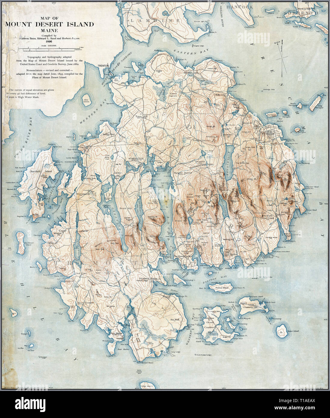 Antica mappa a colori dell'isola di Mount Desert, Maine Foto Stock