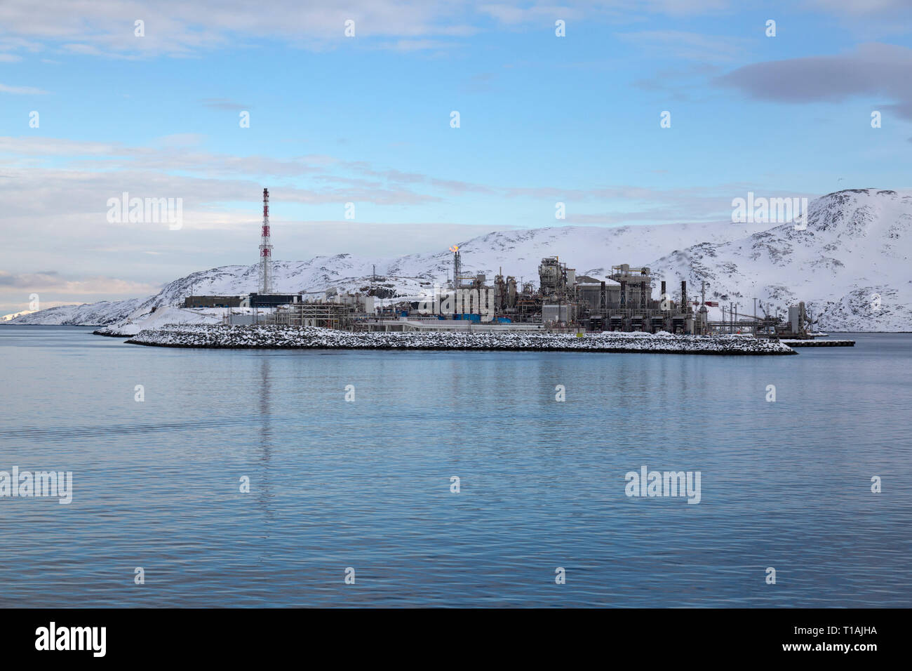 Il Snohvit gas naturale liquido terminale di esportazione a Melkoya isola vicino alla città di Hammerfest in Norvegia. Foto Stock