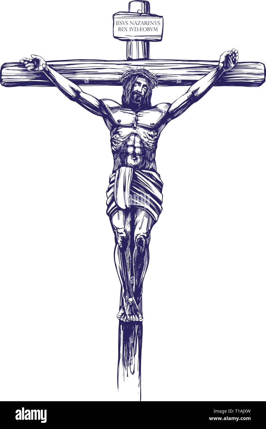 Gesù Cristo, il Figlio di Dio crocifisso su una croce di legno, simbolo del cristianesimo disegnati a mano illustrazione vettoriale schizzo Illustrazione Vettoriale