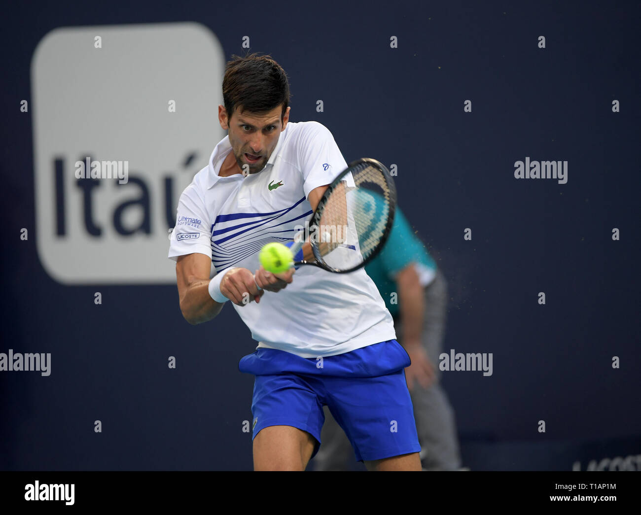 Giardini di Miami, Florida. Il 24 marzo 2019. Novak Djokovic di Serbia sconfigge Federico Delbonis di Argentina il giorno 7 del Miami Open presentato da Itau all'Hard Rock Stadium il 24 marzo 2019 nei giardini di Miami, Florida Persone: Novak Djokovic Foto Stock