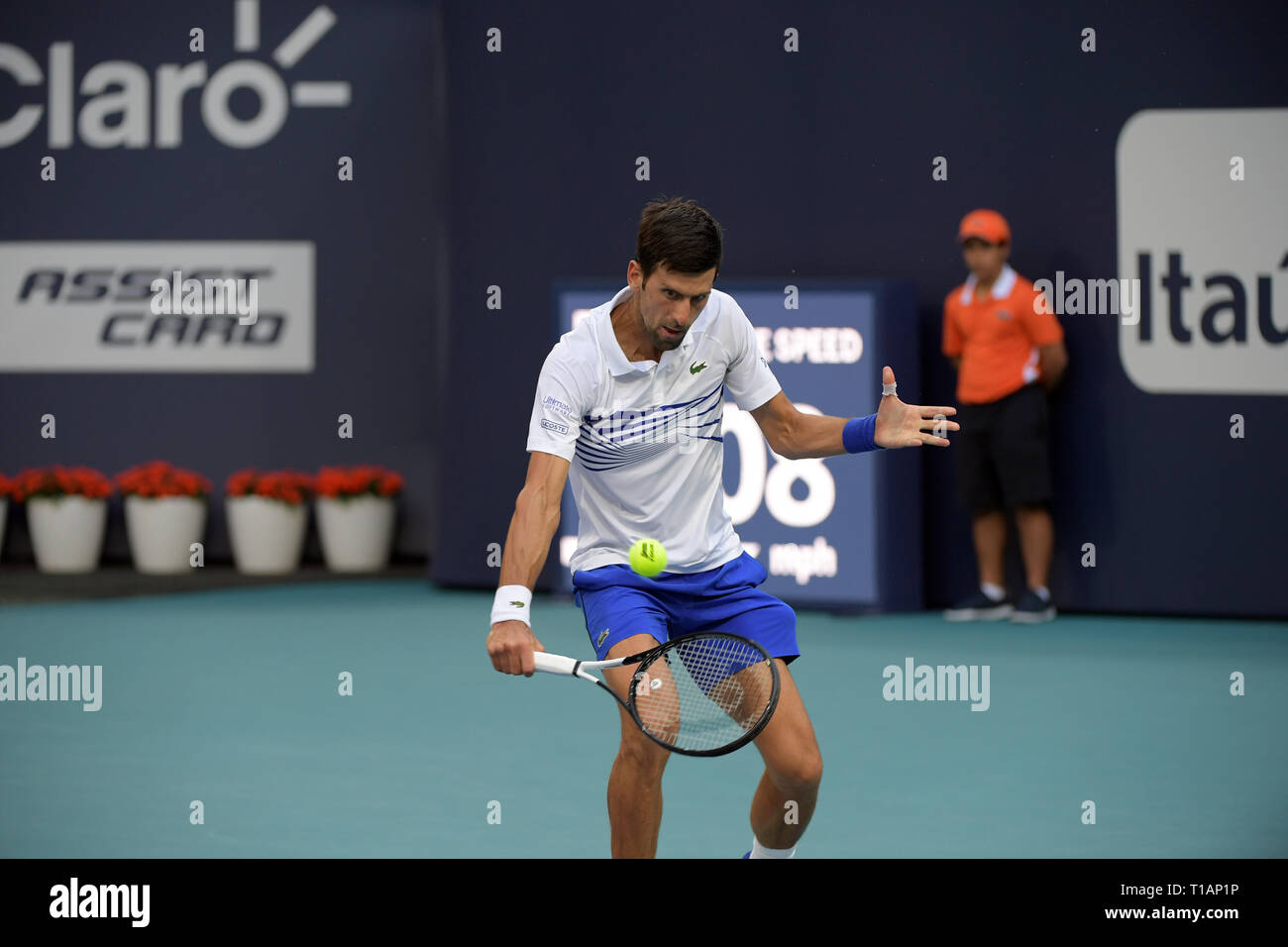Giardini di Miami, Florida. Il 24 marzo 2019. Novak Djokovic di Serbia sconfigge Federico Delbonis di Argentina il giorno 7 del Miami Open presentato da Itau all'Hard Rock Stadium il 24 marzo 2019 nei giardini di Miami, Florida Persone: Novak Djokovic Foto Stock