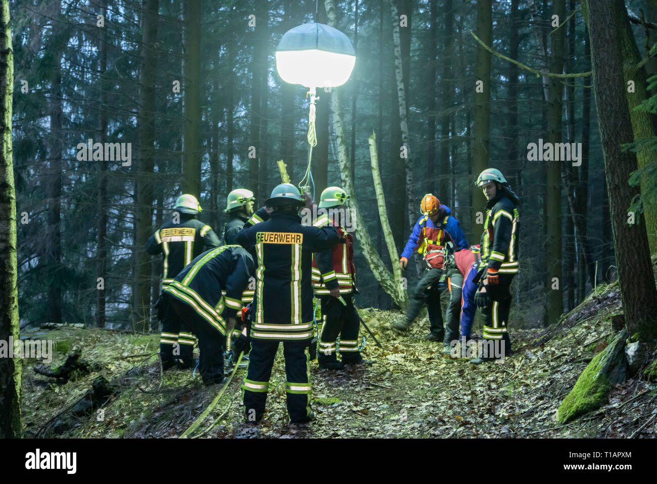 Breitenbrunn, Germania. 24 Mar, 2019. I vigili del fuoco sono in servizio durante un'operazione di salvataggio. Un collezionista di minerali è stato gravemente ferito nei pressi di Breitenbrunn nel Erzgebirgskreis e è stato recuperato da un tunnel. Credito: Andre März/dpa/Alamy Live News Foto Stock