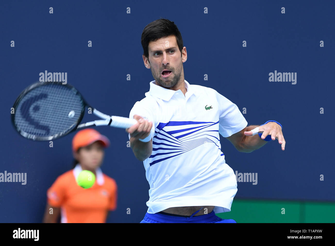 Giardini di Miami, FL, Stati Uniti d'America. 24 Mar, 2019. Novak Djokovic Vs Federico Delbonis sul Stadium corte durante il Miami Open svoltasi all'Hard Rock Stadium il 24 marzo 2019 nei giardini di Miami, Florida. Credito: Mpi04/media/punzone Alamy Live News Foto Stock