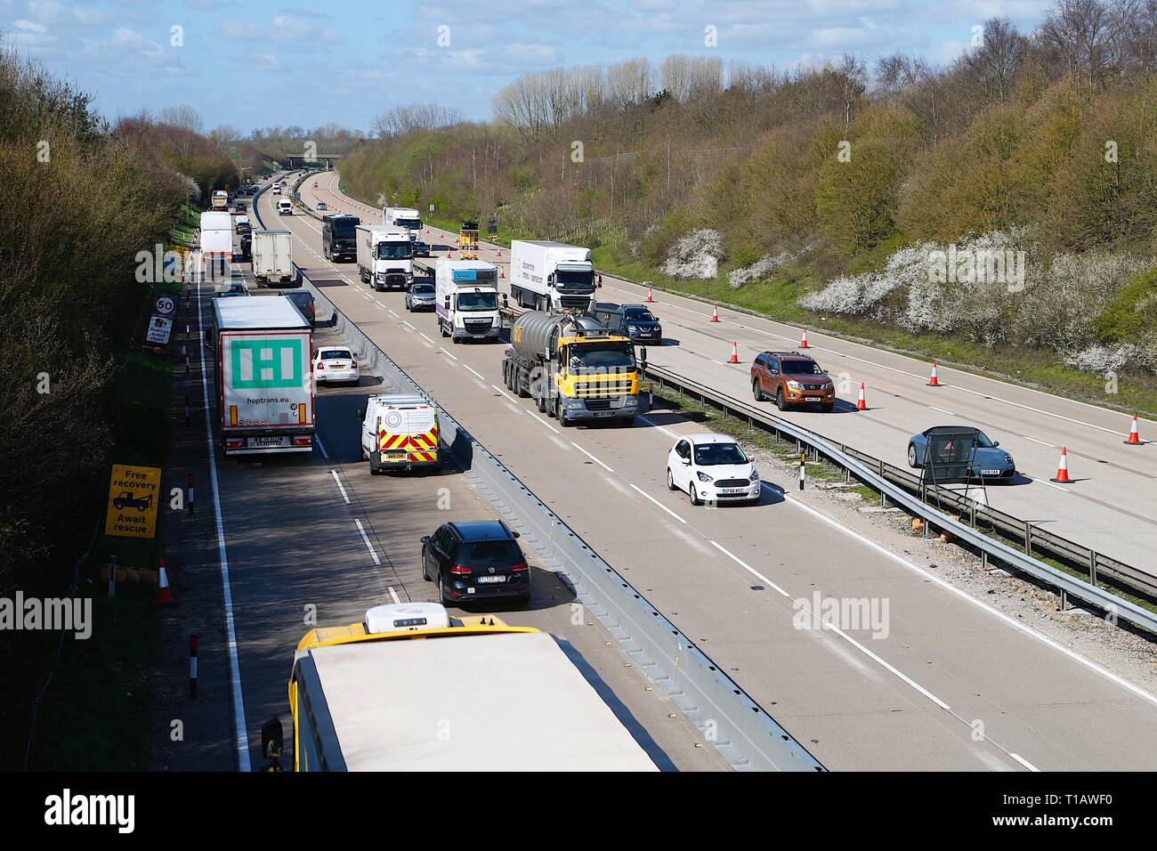 Ashford, Kent, Regno Unito. 25 Mar, 2019. Funzionamento Brock è a posto sull'autostrada M20 in preparazione per i potenziali ritardi al porto di Dover causato da Brexit. Il sistema utilizza parte della London legato carreggiate per trasportare il traffico verso la costa. Le immagini mostrate sono da giunzioni tra 8 e 9. ©Paolo Lawrenson 2019, Photo credit: Paolo Lawrenson/Alamy Live News Foto Stock