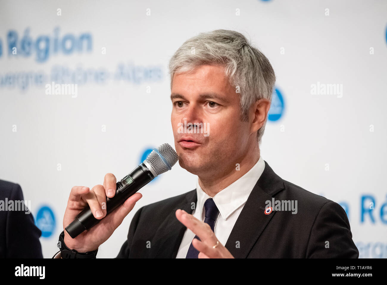 Lione, Francia. 25 marzo, 2019. Laurent Wauquiez presidente del Auvergne-Rhône-Alpes regione e presidente del partito politico Les Républicains Credito: FRANCK CHAPOLARD/Alamy Live News Foto Stock