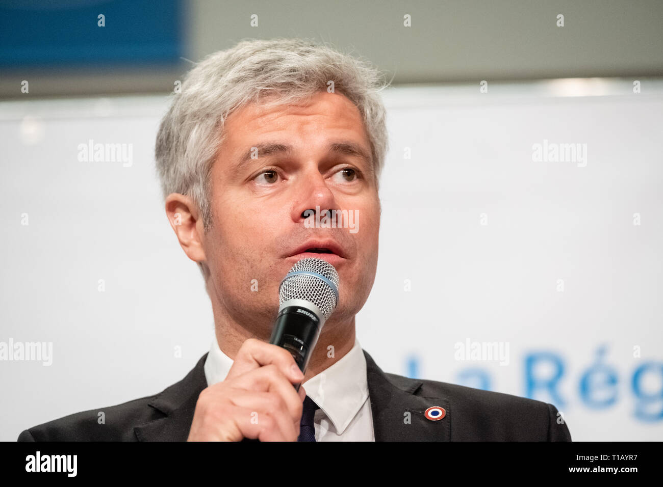 Lione, Francia. 25 marzo, 2019. Laurent Wauquiez presidente del Auvergne-Rhône-Alpes regione e presidente del partito politico Les Républicains Credito: FRANCK CHAPOLARD/Alamy Live News Foto Stock