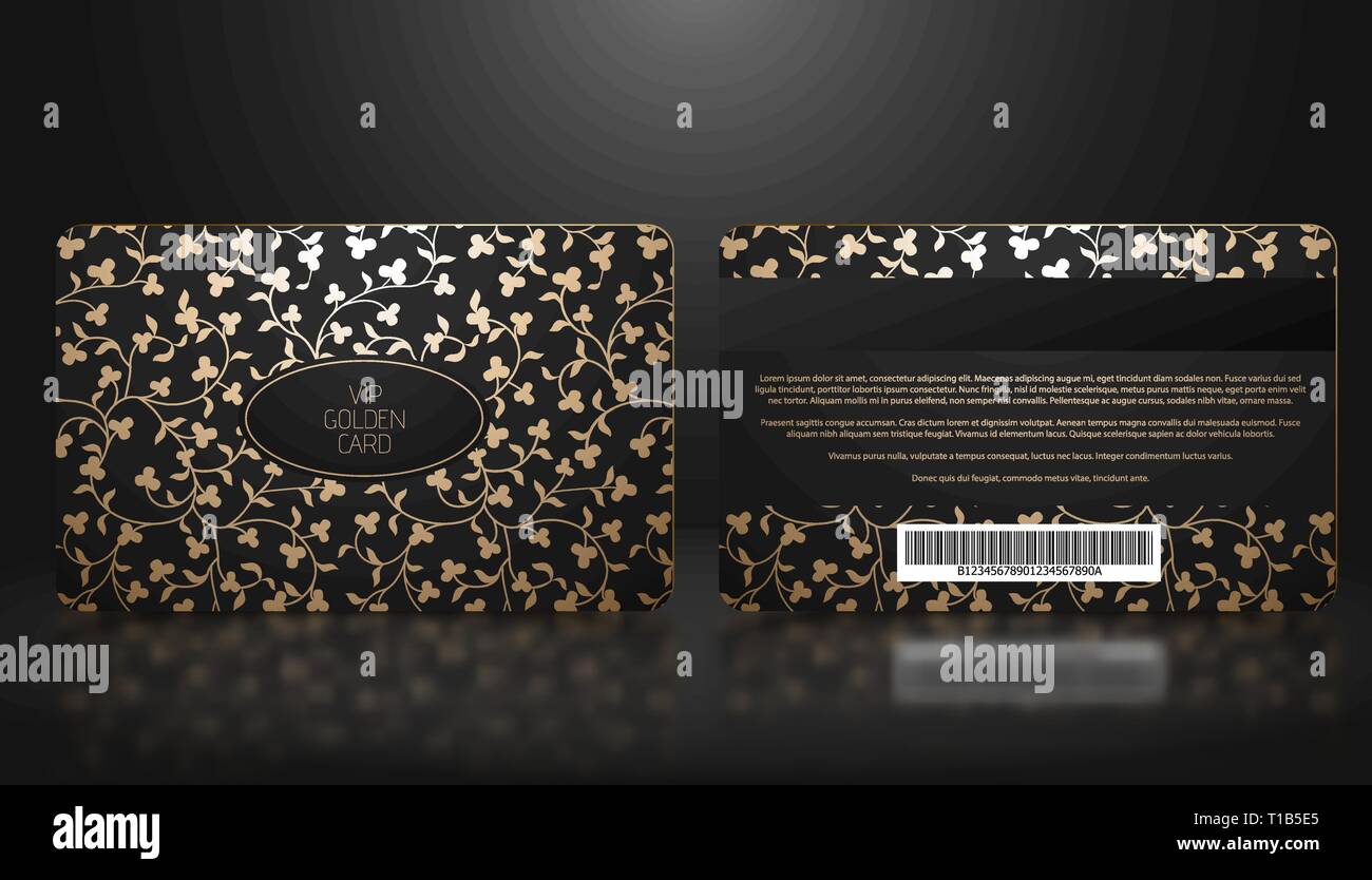 Template vettoriale di appartenenza o nero di fedeltà VIP card con lusso elegante golden motivo floreale. Fronte e retro design presentazione. Membro Premium Illustrazione Vettoriale