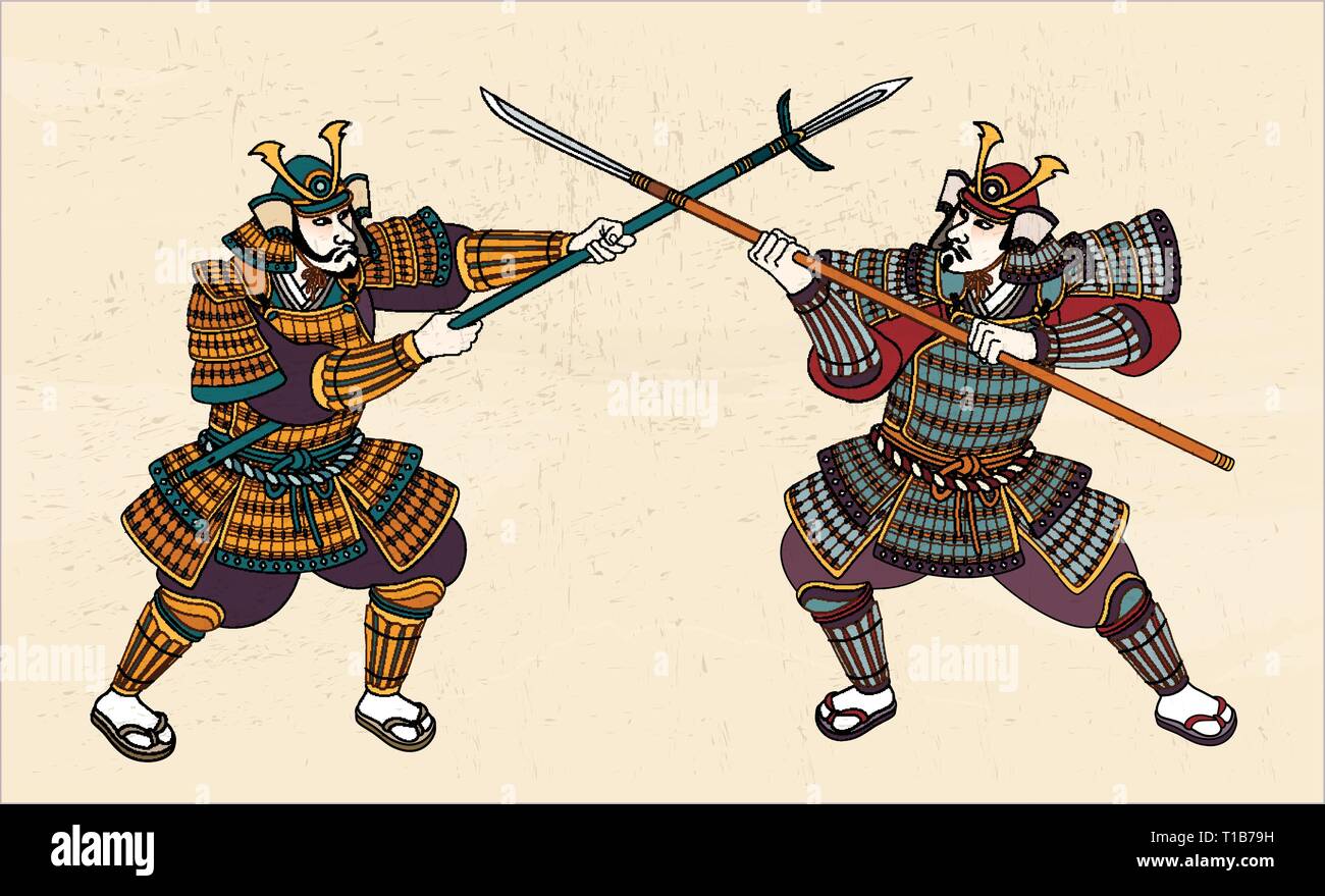 Due samurai giapponese in amour lotta attraverso la spada Illustrazione Vettoriale