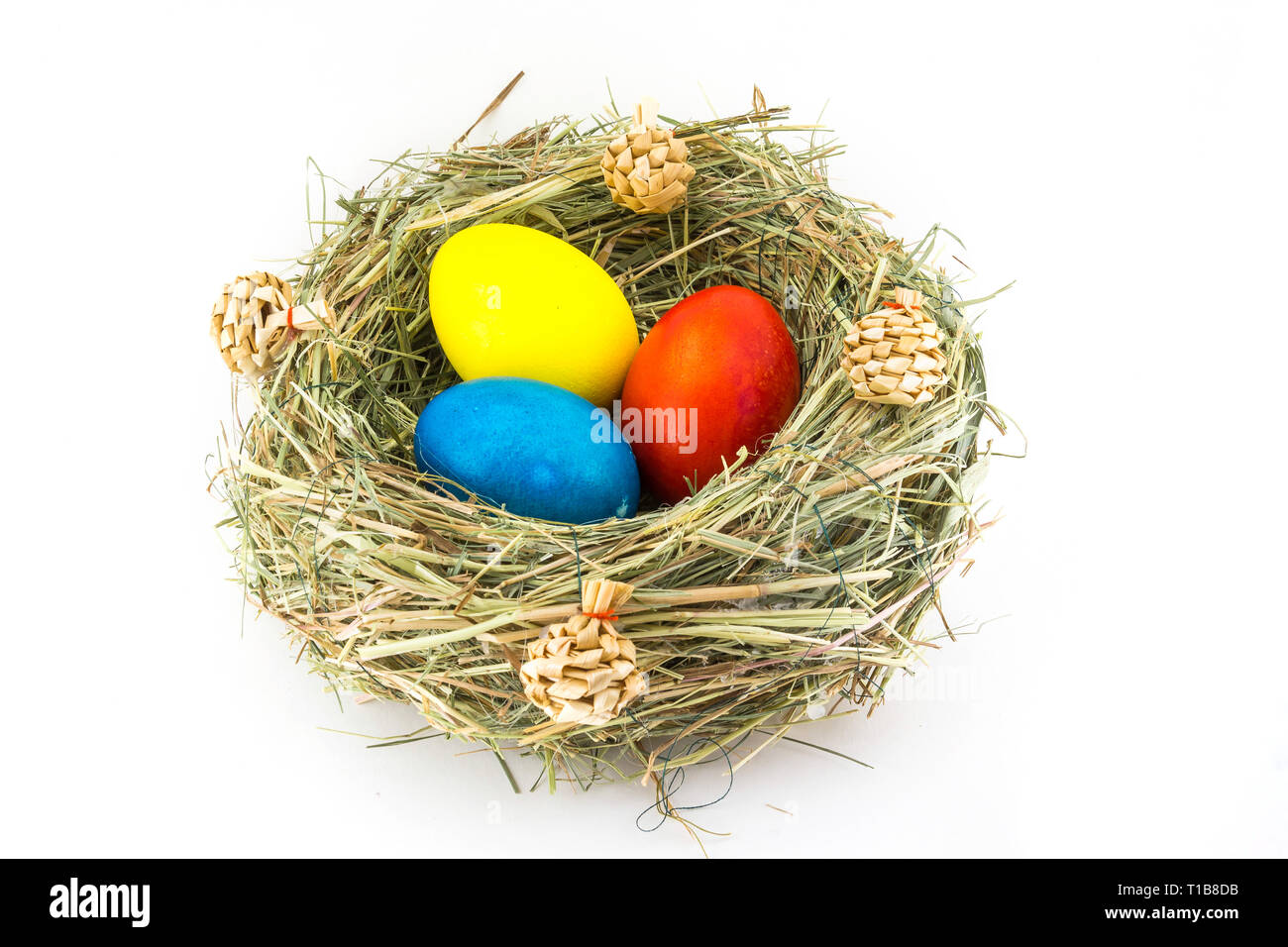 Colorate le uova di pasqua in erba nido con urti Foto Stock