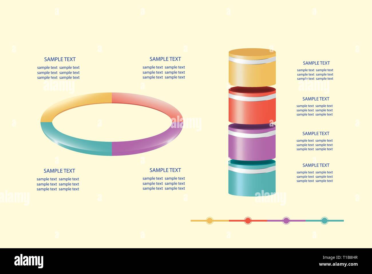Infografico della ellisse pronto per descrivere il processo in quattro fasi e i cilindri verticali pronti a mostrare lo sviluppo di processo nella timeline. Illustrazione Vettoriale