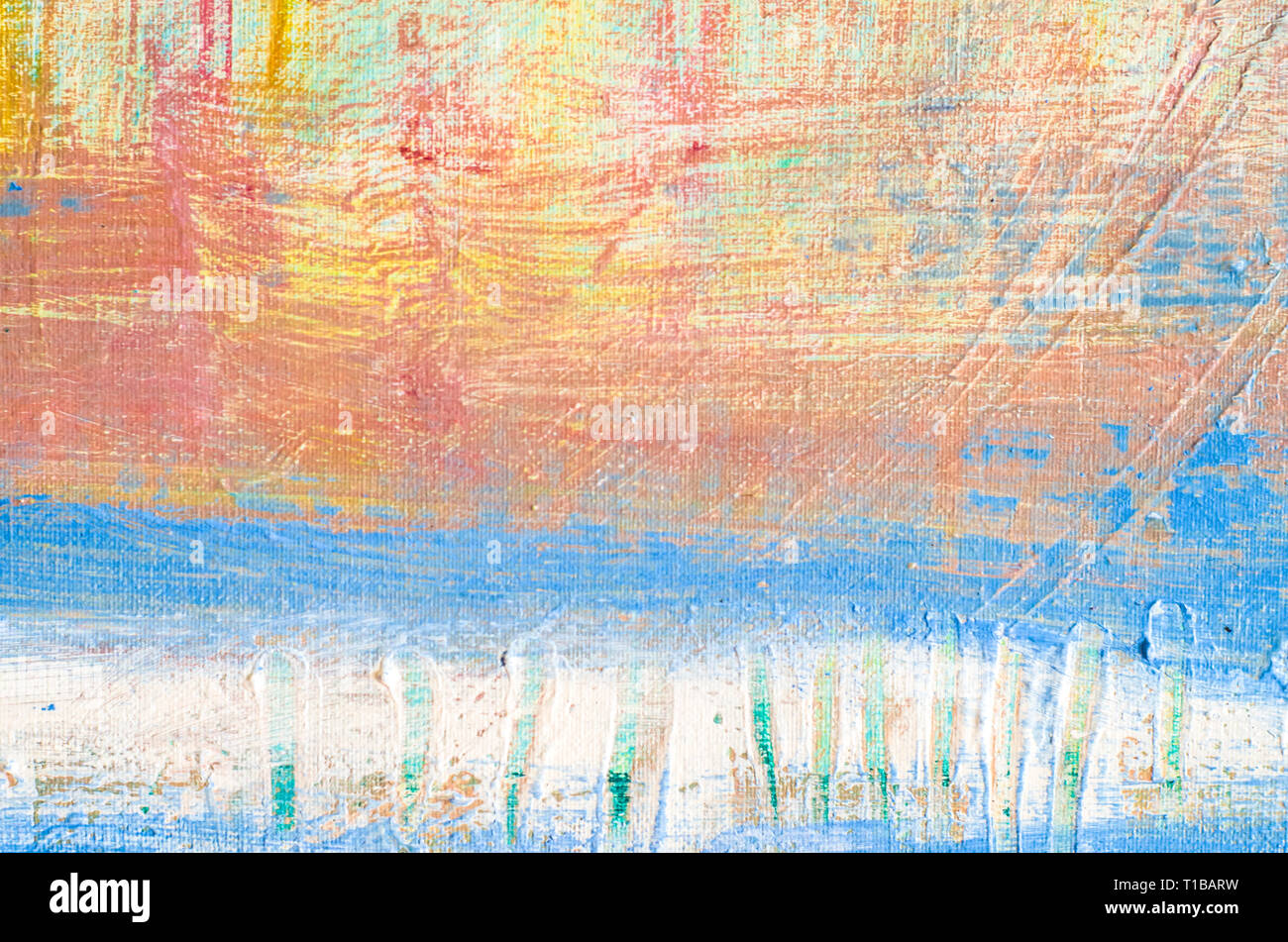 Disegnata a mano di pittura acrilica. L'arte astratta sfondo. Pittura Acrilica su tela di canapa. Colore e struttura. Frammento di opere d'arte. Pennellate di vernice. Foto Stock