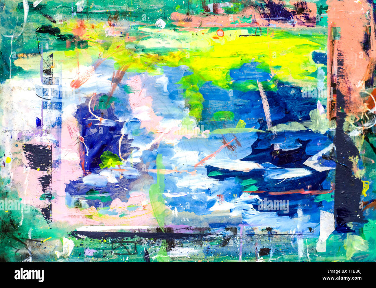 Disegnata a mano di pittura acrilica. L'arte astratta sfondo. Pittura Acrilica su tela di canapa. Colore e struttura. Frammento di opere d'arte. Pennellate di vernice. Foto Stock