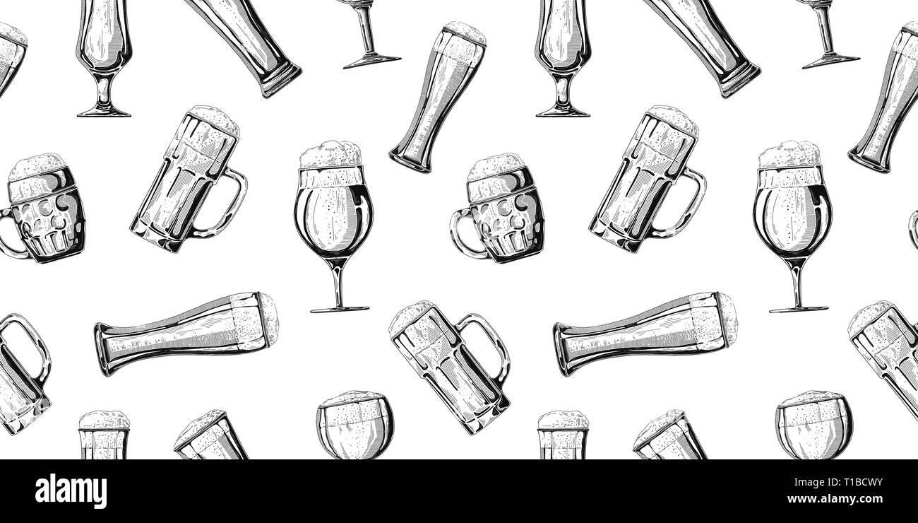 Modello senza cuciture con diversi tipi di bicchieri di birra, vari boccali di birra. Illustrazione vettoriale di un disegno stile. Illustrazione Vettoriale