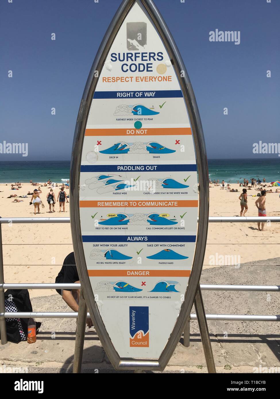 Il Surfers' segno di codice sul lungomare a Bondi Beach Foto Stock