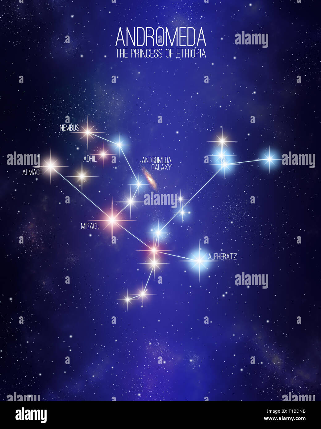 Andromeda la principessa di Etiopia costellazione su un spazio stellato sfondo con i nomi dei suoi principali stelle. Dimensioni relative di colore differente e SHA Foto Stock