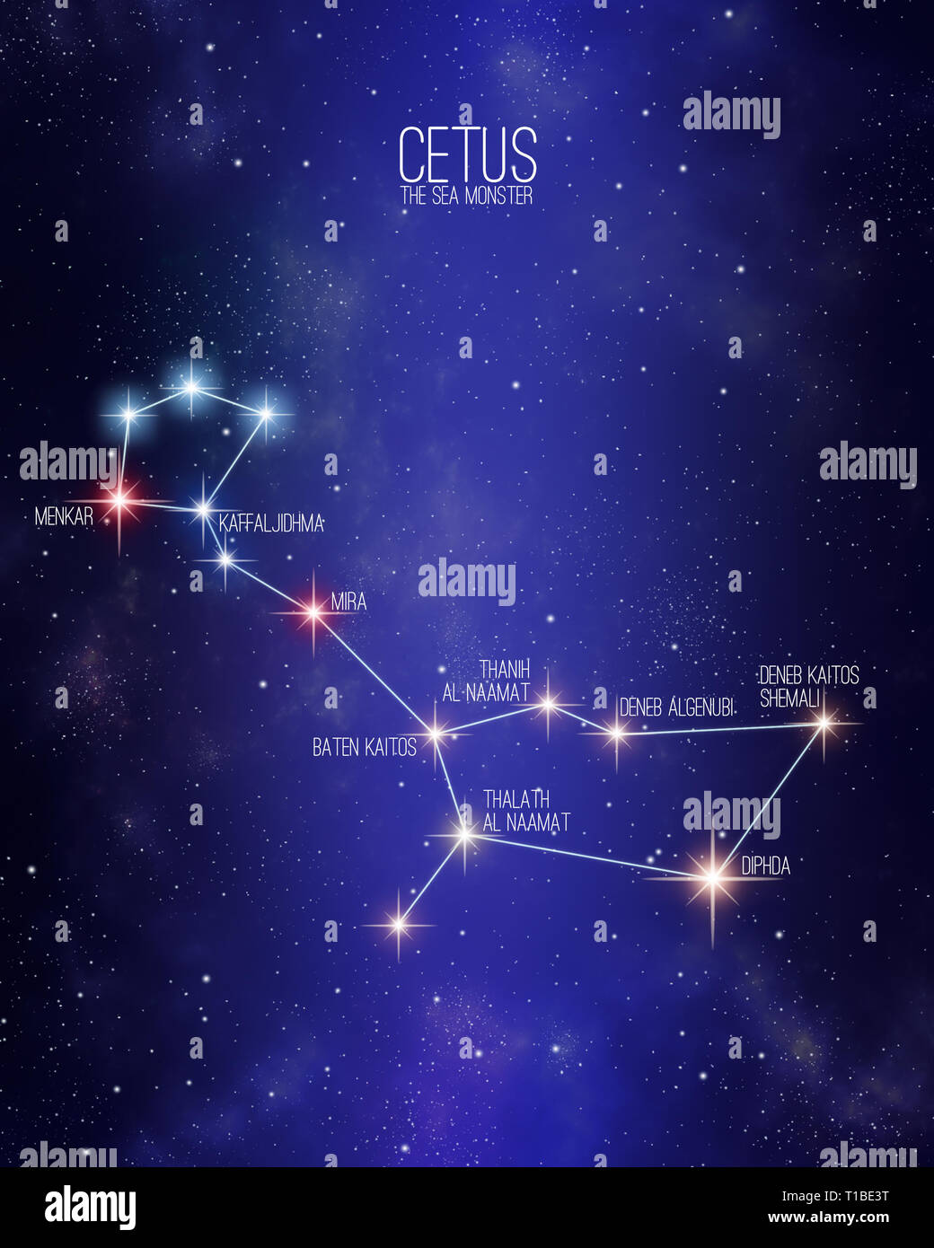 Cetus il mostro marino costellazione su un spazio stellato sfondo con i nomi dei suoi principali stelle. Dimensioni relative e diverse sfumature di colore basato su Foto Stock