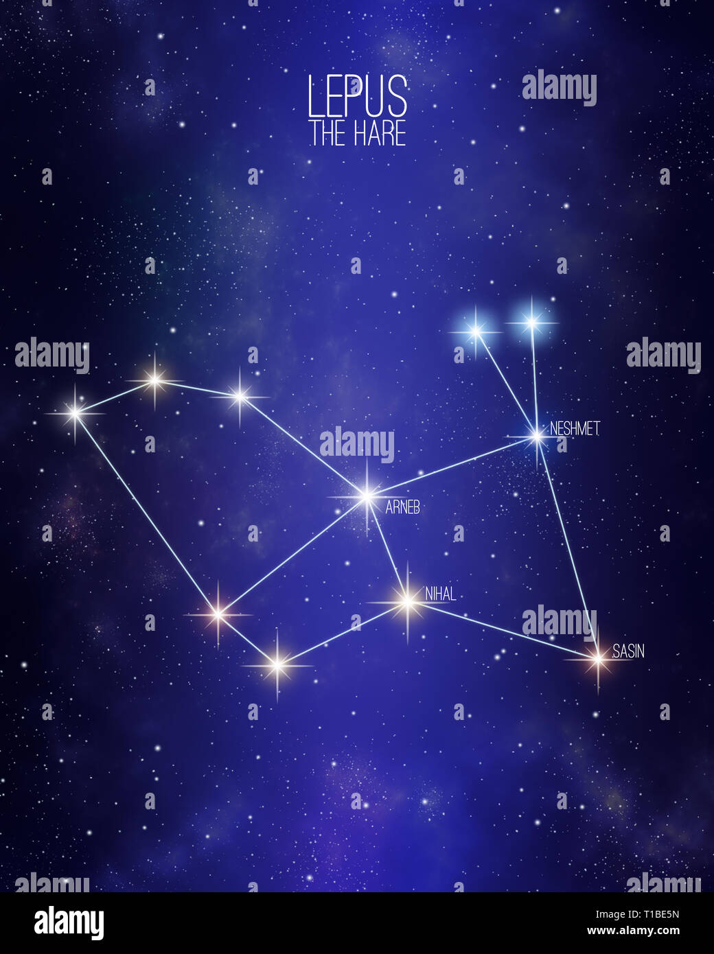 Lepus costellazione della lepre su un spazio stellato sfondo con i nomi dei suoi principali stelle. Dimensioni relative e diverse sfumature di colore basato su SDS Foto Stock