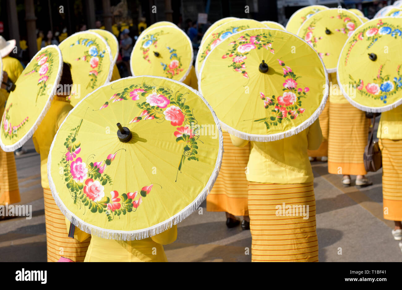 Northern Lanna Thai donna tenere giallo tradizionale ombrellone che la vernice con motivo floreale per proteggere dalla luce del sole nel giorno soleggiato, ombrello giallo, giallo Foto Stock