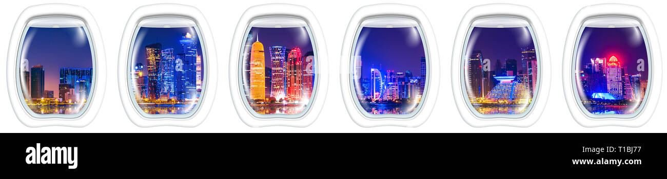 Telaio di oblò di windows sulla skyline della città di Doha in Qatar nel porto di blue ora. Scena notturna waterfront nella baia di Doha con copia spazio per banner Foto Stock Telaio di oblò di windows sulla skyline della città di Doha in Qatar nel porto di blue ora. Scena notturna waterfront nella baia di Doha con copia spazio per banner Foto Stock