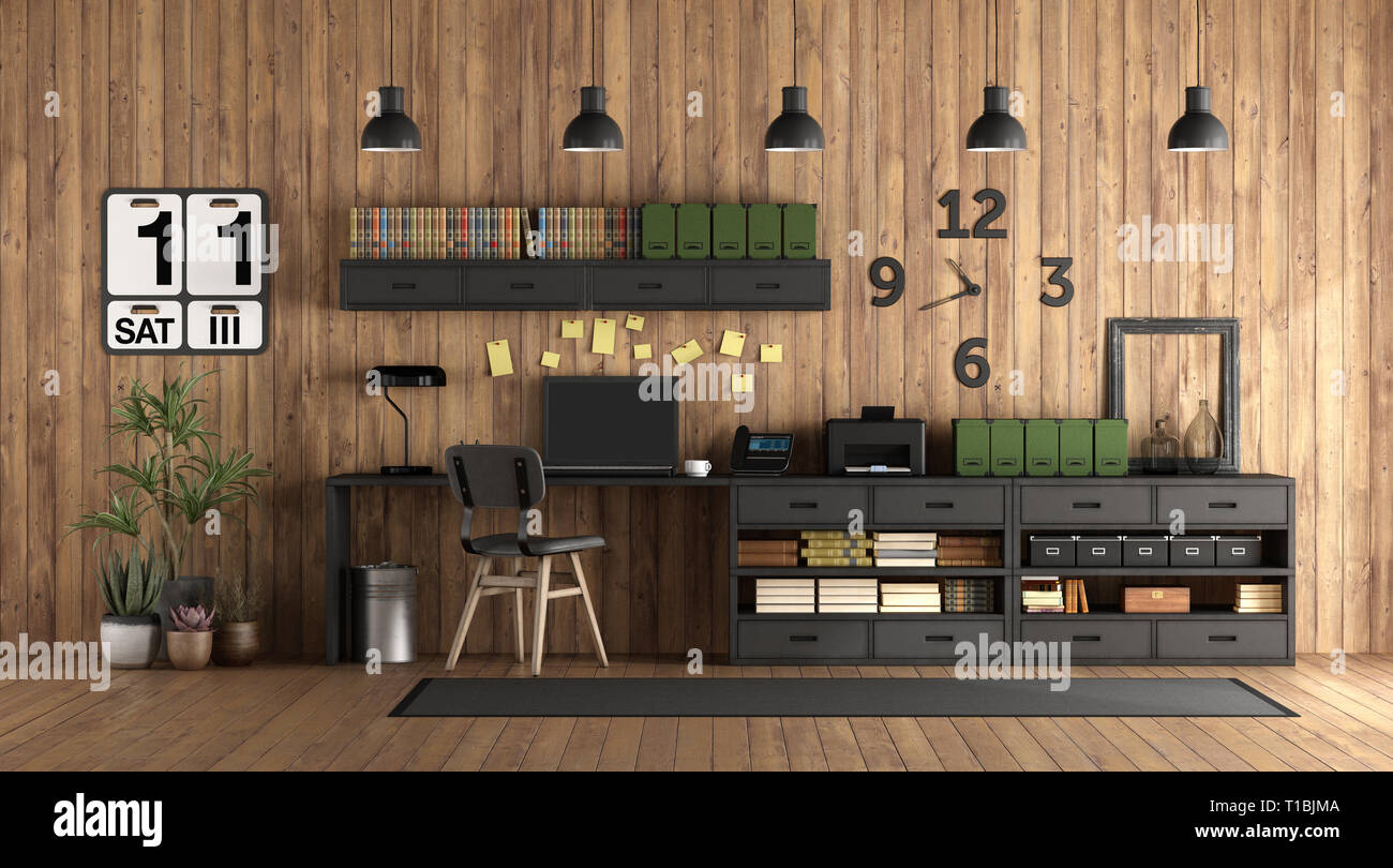 Home ufficio in stile rustico con mobili di colore nero contro la parete in legno - 3d rendering Foto Stock