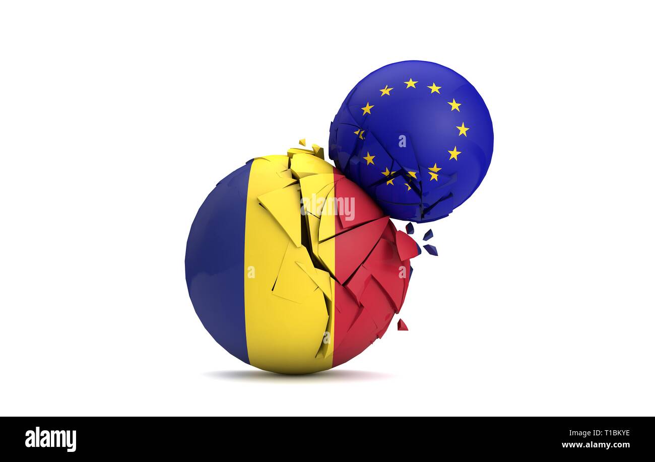 La Romania e l'Unione europea le sfere politiche smash insieme. 3D Render Foto Stock