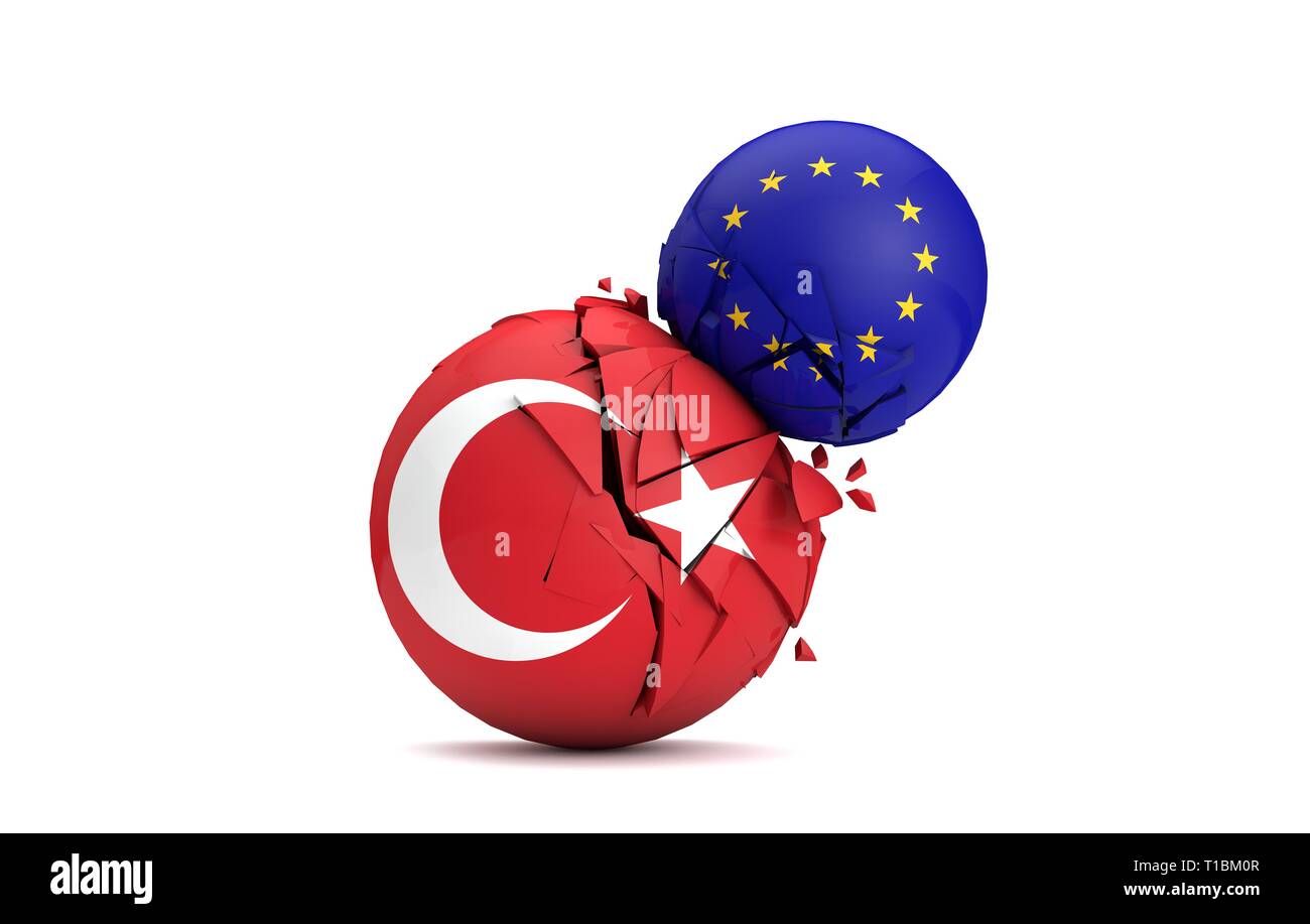 Turchia e Unione europea sfere politiche smash insieme. 3D Render Foto Stock
