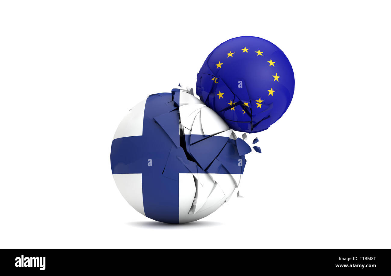 La Finlandia e l'Unione europea le sfere politiche smash insieme. 3D Render Foto Stock