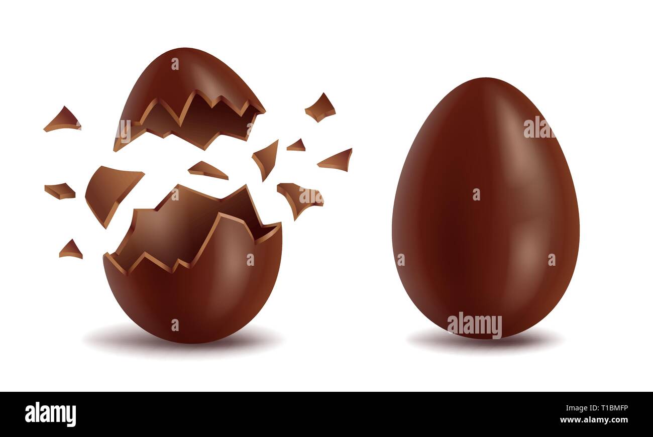 Realistiche le uova di cioccolato set, broker, esploso e complesso, dolce gustoso guscio d'uovo, simbolo di pasqua, illustrazione di vettore isolato su bianco Illustrazione Vettoriale